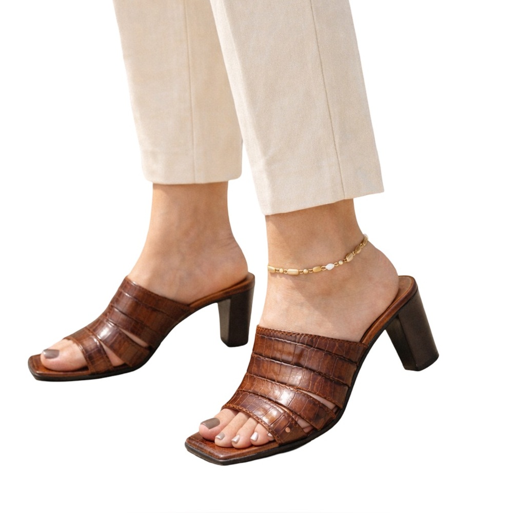 Franco Sarto‎ Brown Croc-Embossed Leather Mule Heels Size 8